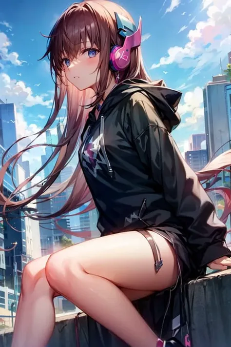 masterpiece,1girl,solo, <lora:TyrcaV3:1> ,((hoodie)),headphones, cityscape,