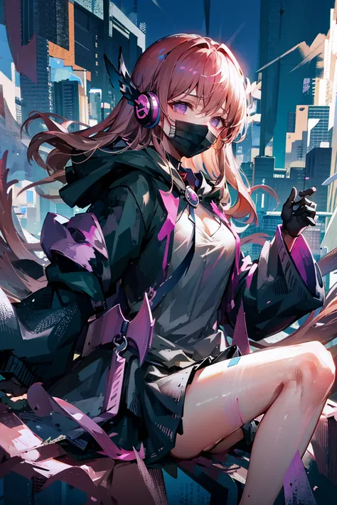 masterpiece,1girl,solo, <lora:TyrcaV3:1> ,(hoodie),headphones, cityscape, surgical mask,