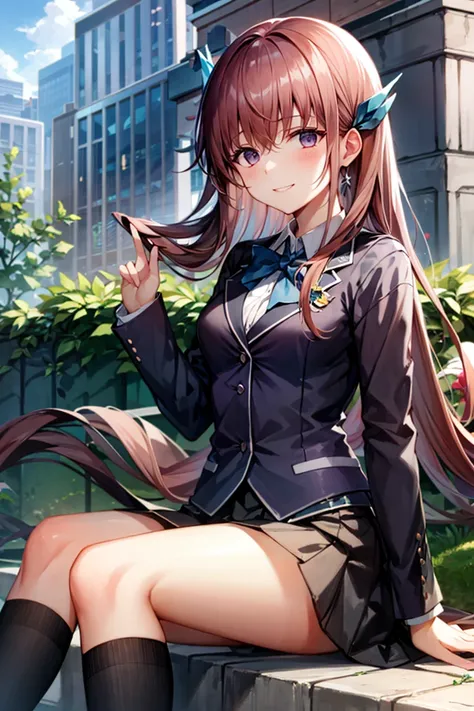 masterpiece,1girl,solo, <lora:TyrcaV3:1> ,school uniform,light smile, sitting,outdoors