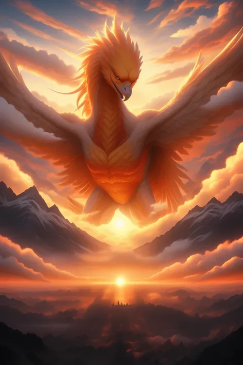 A phoenix that emits golden light,
The sun rises from behind the mountain in the shape of a bird,
close-up sun,
outdoors, dawn sky, cloud,no_humans, cloudy_sky, scenery,
cinematic lighting,strong contrast,high level of detail,Best quality,masterpiece,BJ_Sacred_beast,<lora:Sacred_beast:0.8>,