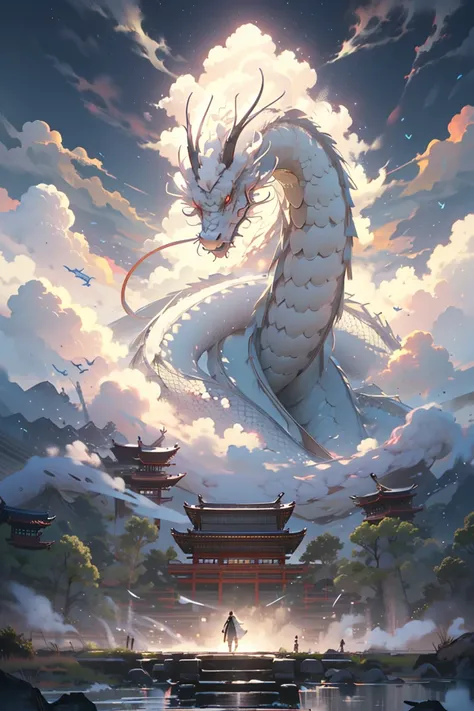 BJ_Sacred_beast,red_eyes,outdoors,horns,sky,cloud,no_humans,bird,cloudy_sky,scenery,stairs,fantasy,dragon,architecture,east_asian_architecture,eastern_dragon,cinematic lighting,strong contrast,high level of detail,Best quality,masterpiece,<lora:Sacred_beast:0.8>,