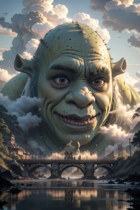 BJ_Sacred_beast, <lora:ShrekDoguVersion2:0.8> shrex, outdoors, sky, day, cloud, water, blue_sky, no_humans, cloudy_sky, building, scenery, reflection, monster, bridge, fog, cinematic lighting,strong contrast,high level of detail,Best quality,masterpiece,White background,<lora:Sacred_beast:0.7>,