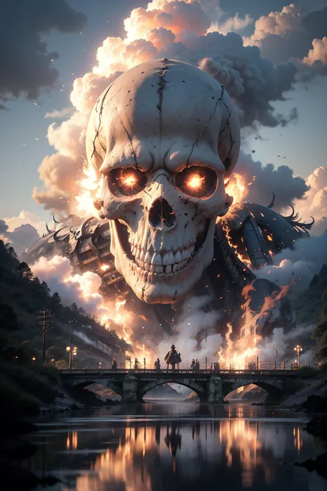 BJ_Sacred_beast, flaming skull, blue fire, outdoors, sky, day, cloud, water, blue_sky, no_humans, cloudy_sky, building, scenery, reflection, monster, bridge, fog, cinematic lighting,strong contrast,high level of detail,Best quality,masterpiece,White background,<lora:Sacred_beast:0.7>,