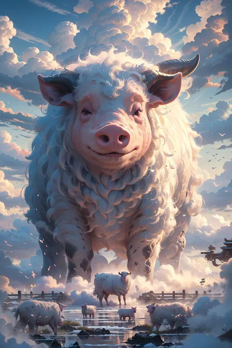 BJ_Sacred_beast, pig, open_mouth, closed_eyes, outdoors, horns, sky, day, cloud, blue_sky, no_humans, bird, animal, cloudy_sky, building, scenery, sheep, flock,
cinematic lighting,strong contrast,high level of detail,Best quality,masterpiece,White background,<lora:Sacred_beast:0.7>,