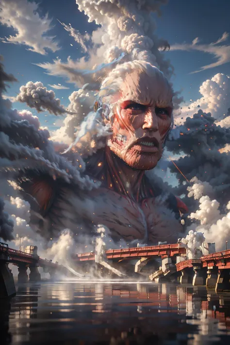 BJ_Sacred_beast,<lora:colossal_titan_v0.1:1> colossal titan, dark red skin, smoke, outdoors, sky, day, cloud, water, blue_sky, no_humans, cloudy_sky, building, scenery, reflection, monster, bridge, fog, cinematic lighting,strong contrast,high level of detail,Best quality,masterpiece,White background,<lora:Sacred_beast:0.7>,