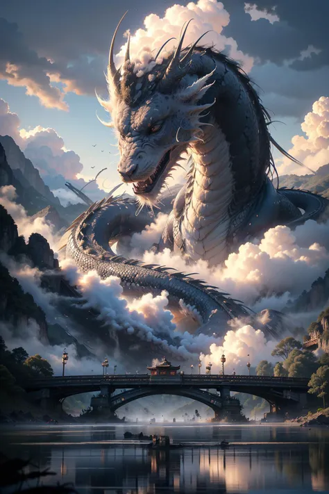BJ_Sacred_beast, black dragon, outdoors, sky, day, cloud, water, blue_sky, no_humans, cloudy_sky, building, scenery, reflection, monster, bridge, fog, cinematic lighting,strong contrast,high level of detail,Best quality,masterpiece,White background,<lora:Sacred_beast:0.7>,