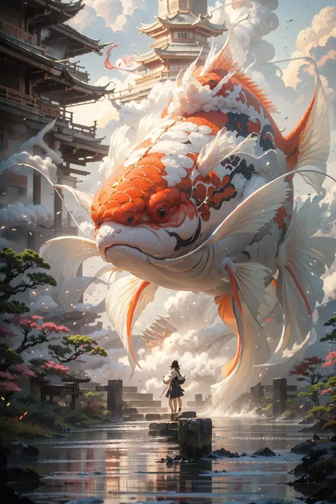 BJ_Sacred_beast,outdoors,sky,cloud,animal,building,scenery,fish,stairs,architecture,east_asian_architecture,goldfish,oversized_animal,pagoda,koi,
cinematic lighting,strong contrast,high level of detail,Best quality,masterpiece,White background,<lora:Sacred_beast_v1.2:0.7>,