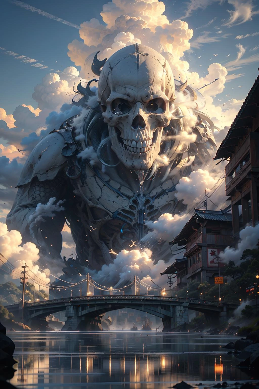 Hyperrealistic art BJ_Sacred_beast,Skull,outdoors,sky,day,cloud,water,blue_sky,no_humans,cloudy_sky,building,scenery,reflection,monster,bridge,fog,
cinematic lighting,strong contrast,high level of detail,Best quality,masterpiece,White background,<lora:SDXL_Sacred_beast:0.7>, . Extremely high-resolution details, photographic, realism pushed to extreme, fine texture, incredibly lifelike