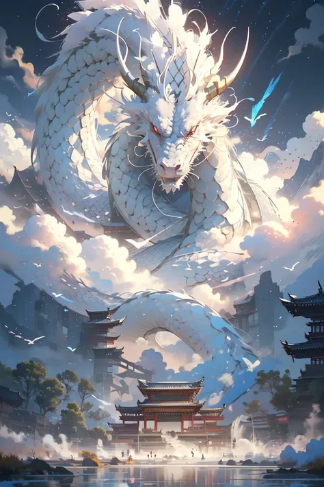 BJ_Sacred_beast,red_eyes,outdoors,horns,sky,cloud,no_humans,bird,cloudy_sky,scenery,stairs,fantasy,dragon,architecture,east_asian_architecture,eastern_dragon,cinematic lighting,strong contrast,high level of detail,Best quality,masterpiece,<lora:Sacred_beast:0.8>,