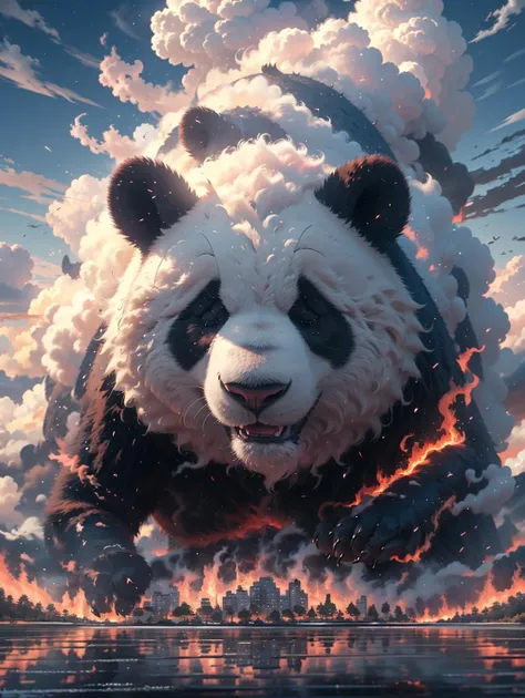 BJ_Sacred_beast, panda, closed_eyes, outdoors, sky, cloud, blue_sky, no_humans, cloudy_sky, fire, building, scenery, reflection, city, skyscraper,
cinematic lighting,strong contrast,high level of detail,Best quality,masterpiece,<lora:Sacred_beast_v1.2:0.7>,