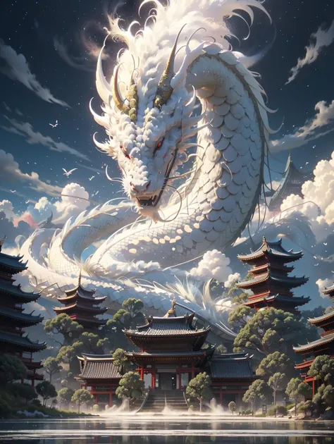 BJ_Sacred_bEast,red_eye,Outdoor,horn,null,cloud,no_human,bird,cloudy_null,scenery,stage,Fantasy,Dragon,architecture,East_Asian_architecture,Eastern_Dragon,Cinema Lighting,Strong contrast,High level of detail,Highest quality,masterpiece,