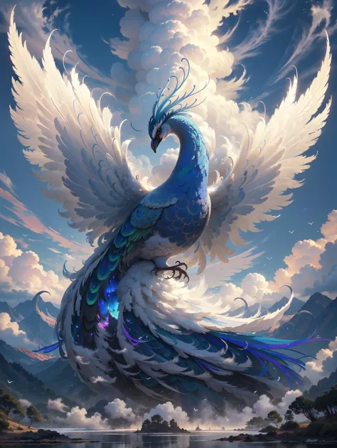 BJ_Sacred_beast, Peacock, solo, outdoors, wings, sky, cloud, blue_sky, no_humans, bird, animal, cloudy_sky, scenery, feathered_wings, flying,
cinematic lighting,strong contrast,high level of detail,Best quality,masterpiece,<lora:Sacred_beast_v1.2:0.7>,