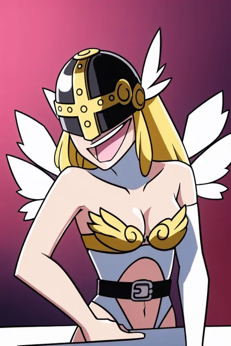best quality, intricate details,
1girl, <lora:Angewomon-Digimon-v1:0.8> Angewomon, winged helmet, helmet over eyes, helmet on, covered eyes,white multiple wings, white wings, pink hagoromo, single glove, strapless,white bodysuit, gold strapless bra, black belt, two belts
<lora:WheezeMemeTemplate:1> wheeze, wheeze meme, laughing, upper body,