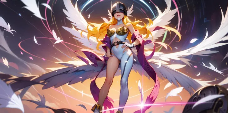 best quality, intricate details, 1girl, <lora:Angewomon-Digimon-v1:0.8> Angewomon, winged helmet, helmet over eyes, helmet on, covered eyes,white multiple wings, white wings, pink hagoromo, single glove, strapless,white bodysuit, gold strapless bra, black belt, two belts,petals floating in the wind,floating white feathers,colorful startrails,