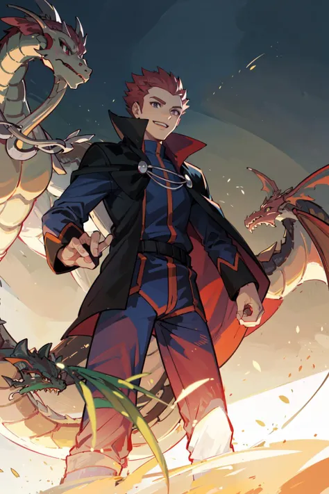 <lora:pokemon_lance-08>, pokemonlance, blue jacket, long sleeves, pants, black cape, popped collar, 1boy, solo, holding pokball, pokball, pokmon, grin, confident smile, teeth, from below, (Dragon, dragon background:1.4), silhouette, backlit, artificial light, shade, indoors