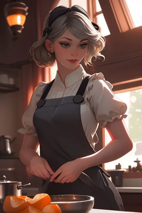 DEN_scarlet_steamgirl,
baking in a bright kitchen wearing an apron, pinny, baking, cooking, chef, apron,
bokeh, f1.4, 40mm, photorealistic, raw, 8k, textured skin, skin pores, intricate details <lora:epi_noiseoffset2:1>, epiCRealism <lora:ClothingAdjuster3:-1.0>
