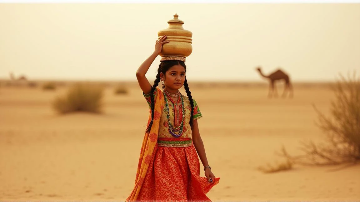 Photorealistic image of a girl from Rajasthan, wheatish skin tone, wearing a bright and colorful traditional ghagra choli, long braided hair with traditional jewelry, carrying a brass water pot on her head, walking in a desert village, early morning light, subtle sandy surroundings, dry bushes and a few camels in the distance. Lighting: soft golden light during the early morning golden hour, warm tones with soft shadows. Camera: Canon EOS R5, lens: Canon RF 85mm f/1.2L. Shutter speed: 1/400 sec to freeze movement, aperture: f/2.8 for a slightly blurred background, ISO: 200 for clear exposure. Film: Kodak Portra 400 for rich colors and smooth skin tones. Output resolution: 300 PPI, 6000 x 4000 pixels, photorealistic rendering using ray tracing for natural light interactions, high-quality print optimized.