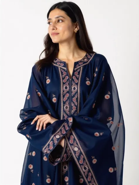 close_up portrait photo of 25 year old beautiful desilatte woman, (plain white background), Navy Blue ethnic print Kashmiri Pashmina Suit, fashion photography, dynamic pose, facing viewer < <lora:DesiCoffee_Trial_Flux_LoRA_V1:1>âââ