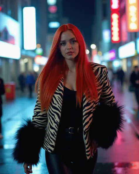 A high-resolution photo of a stylish woman walking through a city street at night. She has long, vibrant red hair and is wearing a bold, zebra-print jacket with dramatic black fur accents on the sleeves. The city background is illuminated by neon lights, with reflections from wet surfaces creating a moody, futuristic atmosphere. The woman has a confident, slightly enigmatic expression as she moves through the bustling urban environment,