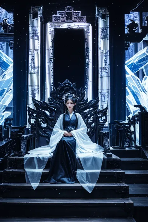 score_9,score_8_up,score_7_up,score_6_up,score_5_up,hanfu,wide sleeves,long sleeves,sleeves past fingers,see-through,hair stick,hair ornament,
gufenghuanjing,indoors,1girl,long hair,solo,sitting,(crystal throne:1.2),ice throne,stairs,fantasy,china traditional palace,dated,(dark theme:1.3),(dark:1.6),wide_shot,