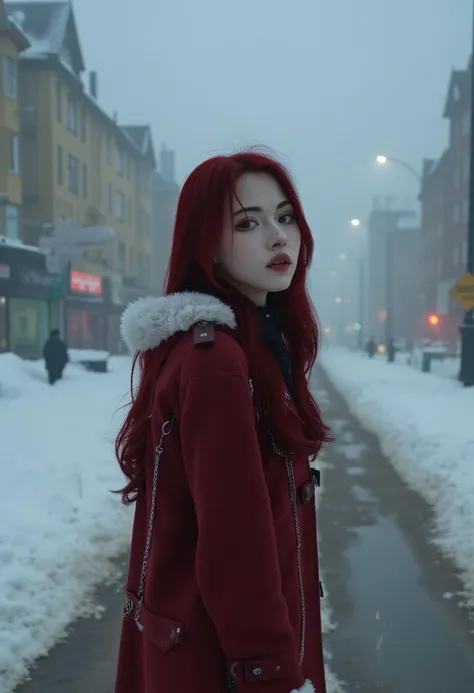 The image is a digital, hyper-realistic CGI rendering of a misty, snowy urban scene. A young asian woman KTNK with long, red hair and a pale skin tone stands in the foreground, positioned to the right of the frame. She is wearing a deep red, knee-length coat with a fur-lined hood, a stylish accessory that adds a touch of warmth and elegance to the cold environment.