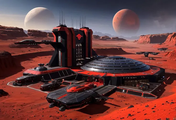 red and black sci-fi large Tiberian outpost with hanger ,scifistyle, cinematic scifi, outdoors, scenery, mars science_fiction, art by mooncryptowow