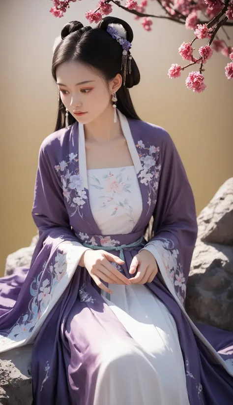 score_9,score_8_up,score_7_up,score_6_up,score_5_up,score_4_up,
hanfu,1girl,dress,long hair,black hair,solo,flower,hair ornament,looking down,rock,white dress,hair bun,purple dress,long sleeves,realistic,upper body,sitting,earrings,branch,expressionless,jewelry,tree,closed mouth,holding,hair rings,chinese clothes,, masterpiece,best quality,high-resolution image,High quality, Superb lighting, Highly detailed, Sharp focus, 8K UHD,