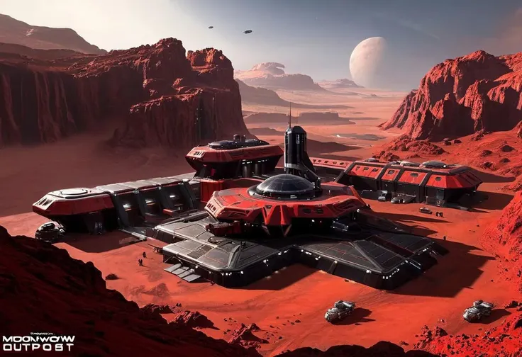 red and black sci-fi Tiberian outpost ,scifistyle, cinematic scifi, outdoors, scenery, mars science_fiction, art by mooncryptowow