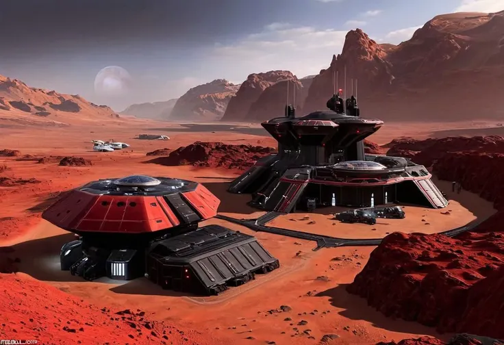 red and black sci-fi Tiberian outpost ,scifistyle, cinematic scifi, outdoors, ground_vehicle, scenery, mars science_fiction,