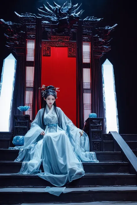 score_9,score_8_up,score_7_up,score_6_up,score_5_up,hanfu,wide sleeves,long sleeves,sleeves past fingers,see-through,hair stick,hair ornament,
gufenghuanjing,indoors,1girl,long hair,solo,sitting,(crystal throne:1.2),ice throne,stairs,fantasy,china traditional palace,dated,(dark theme:1.3),(dark:1.6),wide_shot,