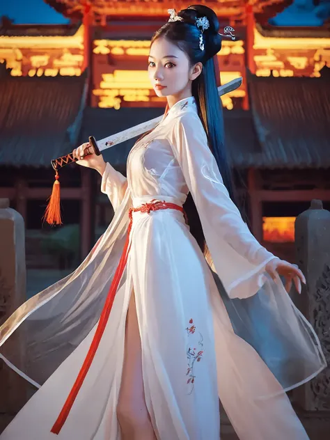 score_9,score_8_up,score_7_up,score_6_up,1woman,hanfu,see-through,hair stick,hair ornament,
Very long black hair,high hair bun,brown eyes,pale skin,medium breasts,Chinese attire,detailed background,chinese temple,tough face,night,dynamic pose,shadows,posing,Standing,holding a sword,dark light,night,