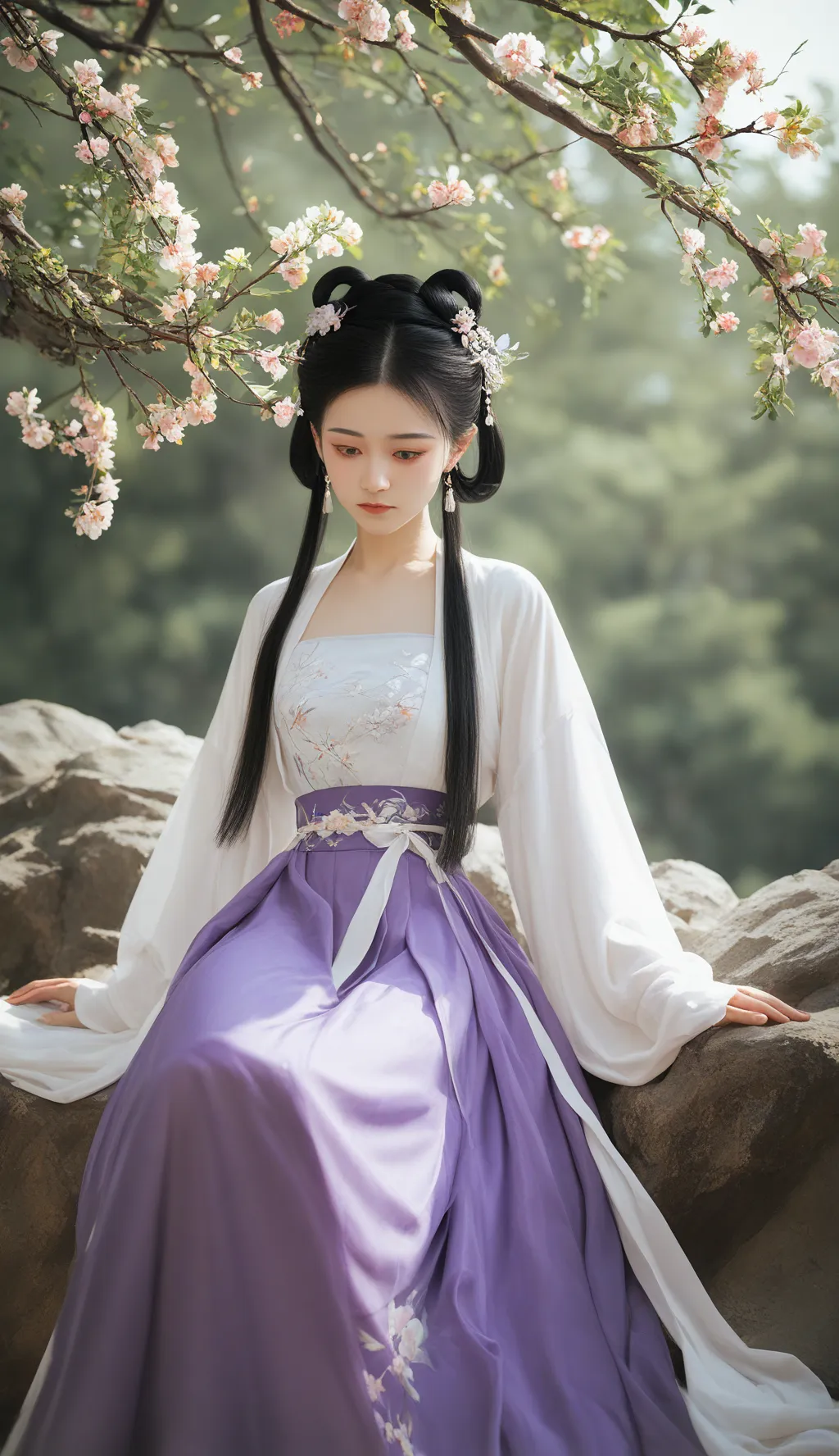 A woman in a purple and white dress sitting on a rock - SeaArt AI