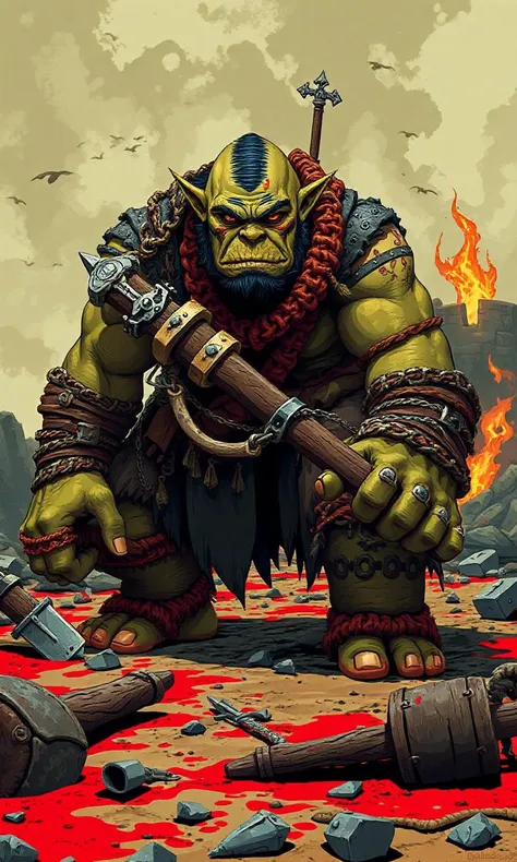 Glitchcore Art Style, retro game art pixel-art, full body character portrait in a early-medieval setting.
A male orc. He possesses a massive, barrel-chested physique, the epitome of brute strength, intimidating foes with his sheer size. His clothing consists of rags, barely held together by straps and chains, exposing his hardened skin and battle scars. His ears are pointed and pierced with bone rings, adding to his savage aesthetic. His head is bald with ritualistic tribal tattoos or scars in place of hair. He crouches low, coiled like a spring, ready to unleash his full power in an instant at the first sign of danger. His skin is olive green, with a leathery texture thatâs rough to the touch. His face is painted with dark war paint, giving him an even more terrifying visage in battle. 
A blood-soaked battlefield littered with the remnants of combatâbroken weapons, shields, and the bodies of fallen warriors. A fire burns in the distance as the orc stands victorious amidst the carnage.
dynamic, dramatic, (vibrant:1.2), (vibrant colors:1.3), medieval fantasy game art, nostalgic, charming, glitchcore art style