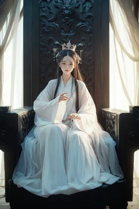 score_9,score_8_up,score_7_up,score_6_up,score_5_up,hanfu,wide sleeves,long sleeves,sleeves past fingers,see-through,hair stick,hair ornament,
gufenghuanjing,indoors,1girl,crown,long hair,solo,sitting,throne,fantasy,