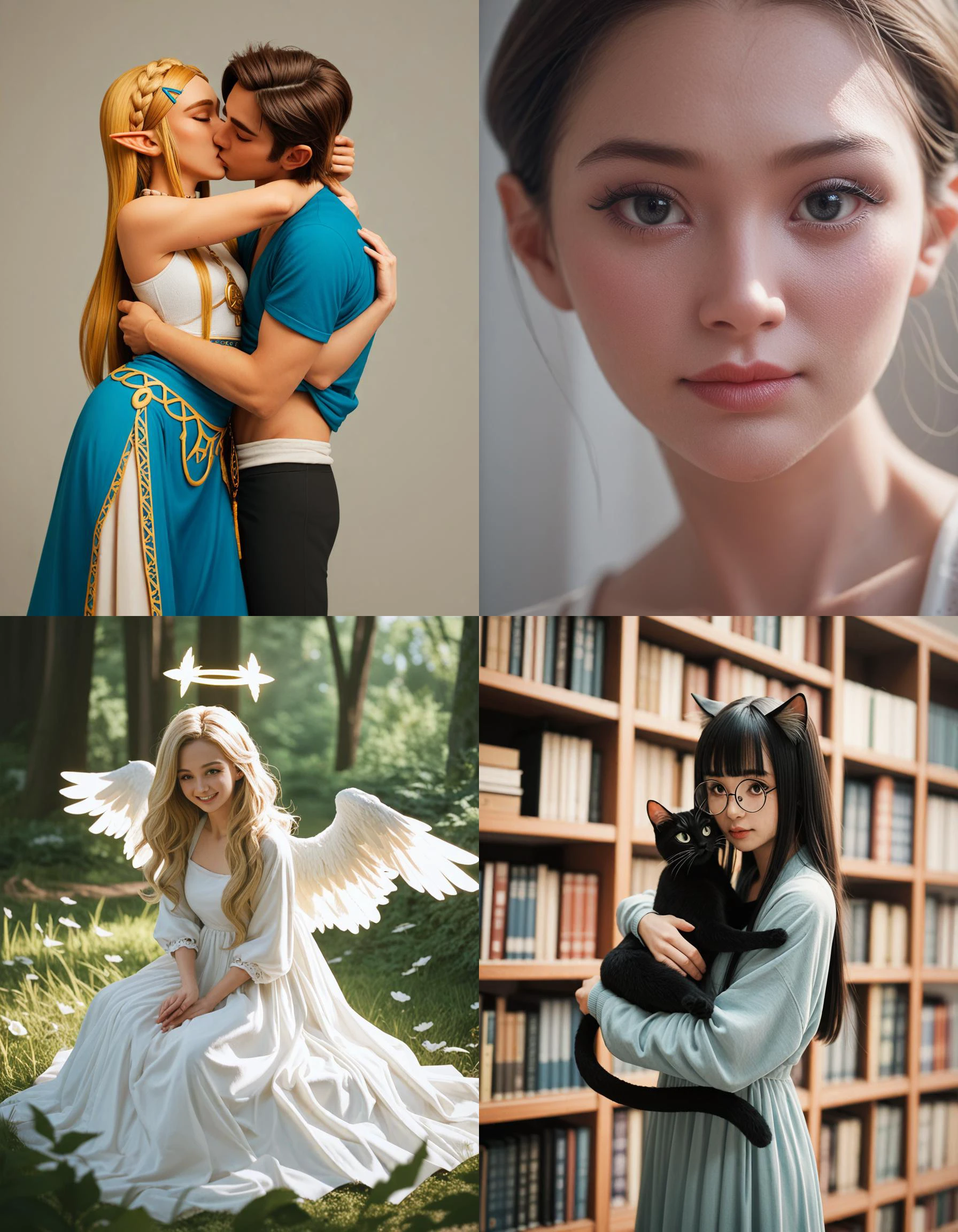 https://civitai.com/articles/5300 ___ All images: score_9, score_8_up, score_7_up ___ 1st image: 1girl, 1boy, Princess_Zelda, \(The_Legend_of_Zelda:_Breath_of_the_Wild\), standing, kiss, hug, closed_eyes ___ 2nd image: 1girl, lovely face, portrait, close-up, looking_at_viewer, closed_mouth ___ 3rd image: 1girl, solo, blonde_hair, wavy_hair, angel, angel_wings, halo, smile, sitting, forest, white_dress ___ 4th Image: 1girl, solo, long_hair, black_hair, blunt_bangs, straight_hair, round_eyewear, cat_girl, cat_ears, cat_tail, standing, hug cat, looking_at_viewer, library