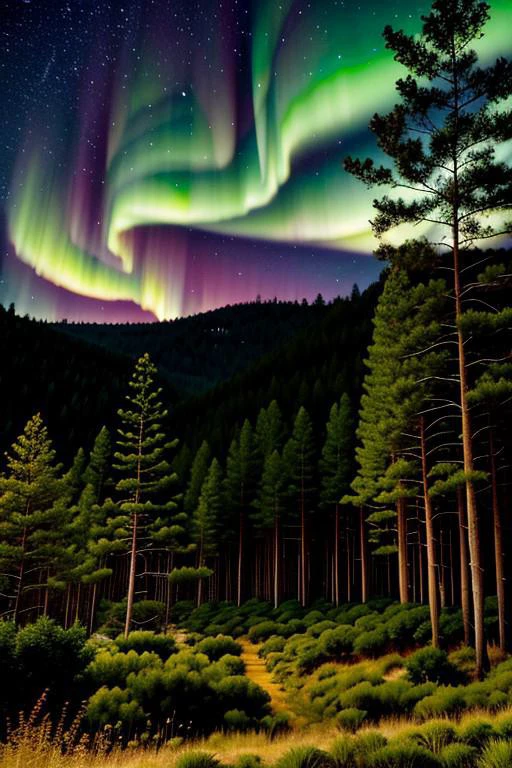 Dark forest, pine forest, night time, night, stars, dusk, pine trees, small cycad trees, bush, ferns, colorful auroras from the skies, forest floor