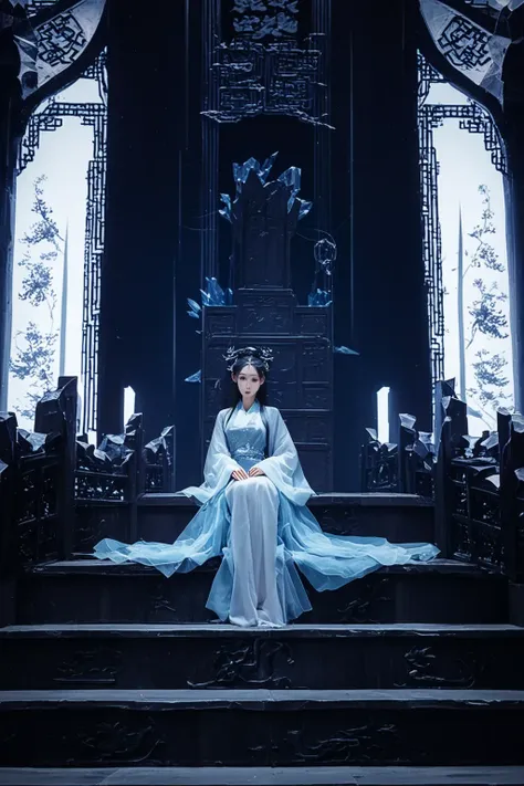 score_9,score_8_up,score_7_up,score_6_up,score_5_up,hanfu,wide sleeves,long sleeves,sleeves past fingers,see-through,hair stick,hair ornament,
gufenghuanjing,indoors,1girl,long hair,solo,sitting,(crystal throne:1.2),ice throne,stairs,fantasy,china traditional palace,dated,(dark theme:1.3),(dark:1.6),wide_shot,