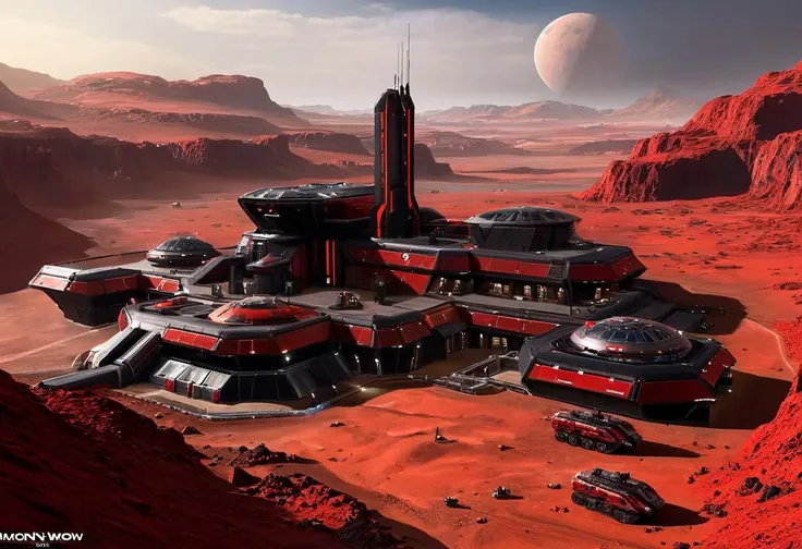 red and black sci-fi large Tiberian outpost ,scifistyle, cinematic scifi, outdoors, scenery, mars science_fiction, art by mooncryptowow