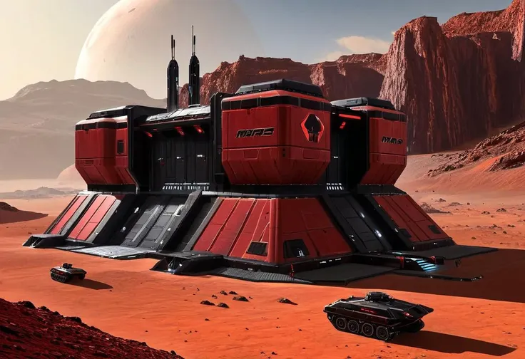 red and black sci-fi large boxy Tiberian outpost with hanger ,scifistyle, cinematic scifi, outdoors, scenery, mars science_fiction, art by mooncryptowow