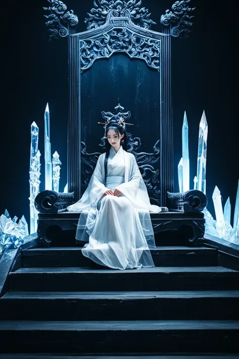 score_9,score_8_up,score_7_up,score_6_up,score_5_up,hanfu,wide sleeves,long sleeves,sleeves past fingers,see-through,hair stick,hair ornament,
gufenghuanjing,indoors,1girl,long hair,solo,sitting,(crystal throne:1.2),ice throne,stairs,fantasy,china traditional palace,dated,(dark theme:1.3),(dark:1.6),wide_shot,