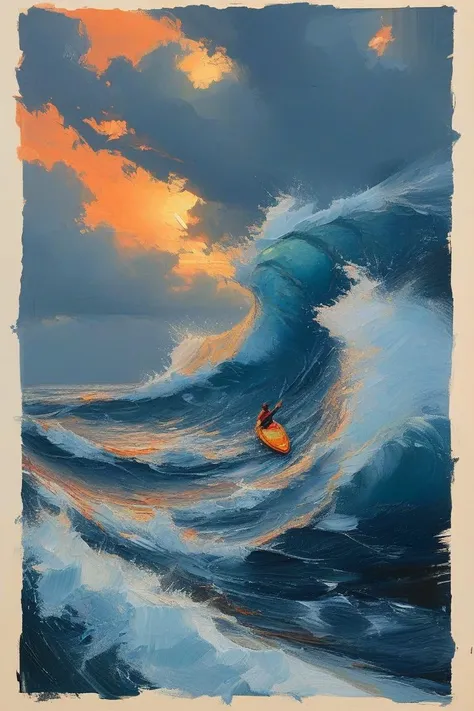 A dramatic seascape where a lone individual is paddling an orange inflatable boat amidst turbulent waves. The sky is painted with hues of orange and blue, suggesting either a sunrise or sunset. The waves are massive, with white frothy crests, and the water's depth and movement are vividly depicted, giving a sense of the boat's precarious position amidst the vast ocean.