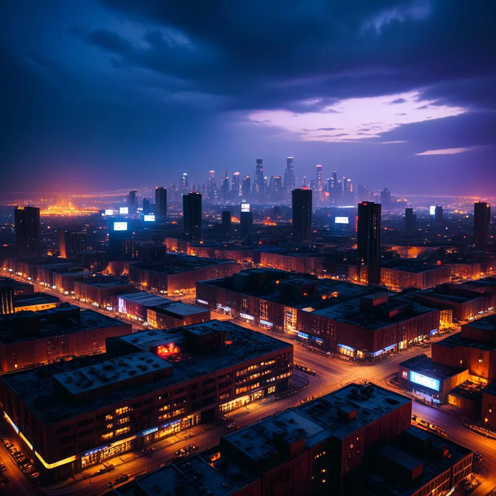 (((post apocalyptic city, Desolate atmosphere, Dystopian landscape))) The image should feature a futuristic cityscape with neon lights and a retro, dystopian atmosphere. Use a muted color palette dominated by deep blues, purples, and blacks, with occasional glowing accents/fire. The scene should evoke a mysterious, slightly dark mood, blending organic and digital aesthetics. a sprawling post-apocalyptic city, cyberpunk city at night, double exposure, Focus on high detail with sharp lines, intricate textures, and a subtle VHS glitch effect for a retro-futuristic vibe. 8k, RAW photos, best qualtiy, tmasterpiece:1.2), (realisticlying, photograph realistic:1.33), NYLostRuins