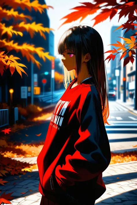 nai3_for_sdxl, 1girl, from side, shirt, dark skin, depth of field, limited palette, cinematic shadows, deep shadows, autumn, street light, [(white background:1.2)::0.2], (spot color background:1.2), illustration, incredibly absurdres, ultra detailed, masterpiece, best quality, ral-exposure, <lora:ral-exposure:1>