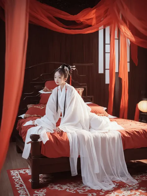 score_9,score_8_up,score_7_up,score_6_up,score_5_up,hanfu,wide sleeves,long sleeves,sleeves past fingers,see-through,hair stick,hair ornament,1girl,solo,
gufenghuanjing,bed,canopy bed,carpet,rug,curtains,pillow,bedroom,red theme,pillar,chair,wooden floor,sitting on bed,red sheets,table,chinese,