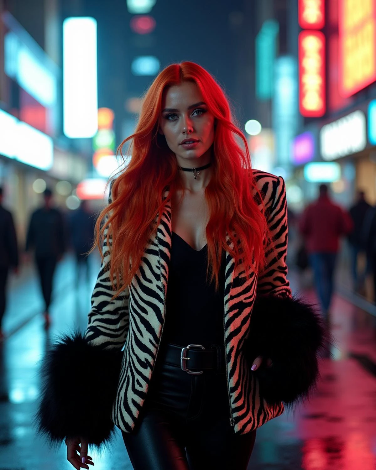 A high-resolution photo of a stylish woman walking through a city street at night. She has long, vibrant red hair and is wearing a bold, zebra-print jacket with dramatic black fur accents on the sleeves. The city background is illuminated by neon lights, with reflections from wet surfaces creating a moody, futuristic atmosphere. The woman has a confident, slightly enigmatic expression as she moves through the bustling urban environment,