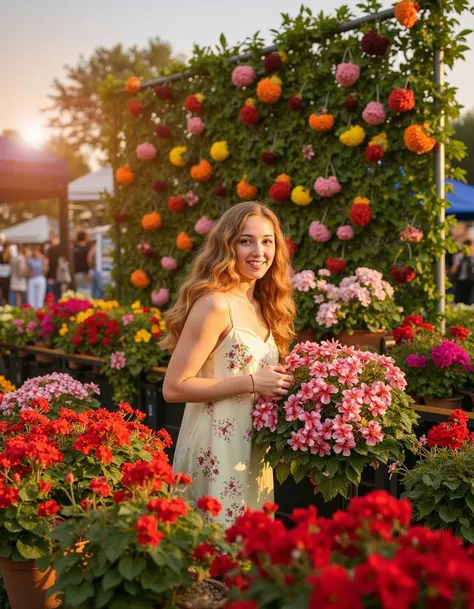 In a vibrant marketplace bursting with life, a 19-year-old girl stands amidst a breathtaking display of flowers, her radiant beauty drawing the eye of passersby. Her long, wavy hair cascades down her shoulders, catching the sunlight and shimmering like golden silk. She wears a light, pastel sundress adorned with delicate floral patterns that mirror the blossoms around her. Surrounding her is a magnificent flower display stand, filled with an array of blooming flowers in a riot of colorsâbrilliant reds, soft pinks, and sunny yellows, their sweet fragrance wafting gently in the warm breeze. Nearby, a charming flower pot houses a lively cluster of geraniums, their vibrant petals standing out distinctly against rich green foliage. Behind her, a stunning flower wall decorated with lush arrangements creates an enchanting backdrop, where vines weave through a canvas of colorful blooms, making it look like a secret garden. Butterflies flit about, adding a touch of whimsy to the scene. The girl's eyes sparkle with joy as she interacts with the flowers, her fingers brushing softly over the petals, feeling their velvety texture. The overall atmosphere is lively yet serene, radiating warmth and happiness as the sun begins to set, casting a golden hue that envelops the entire scene in a soft glow.