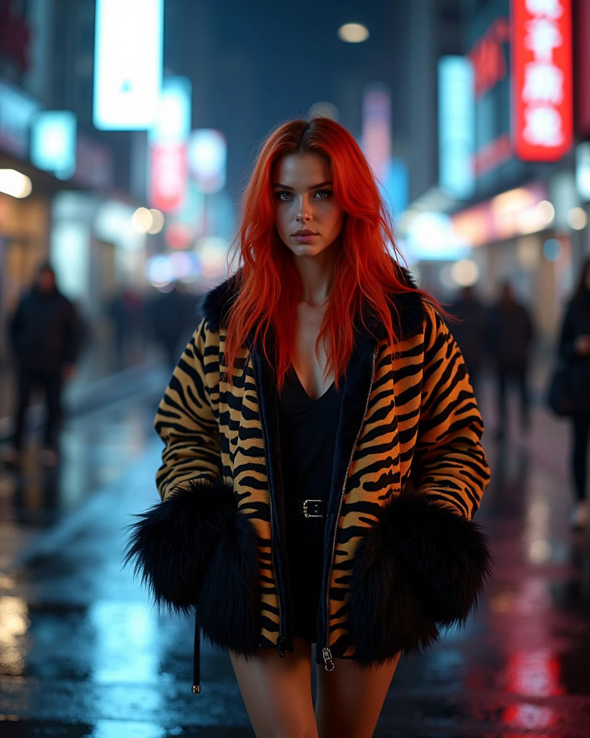 A high-resolution photo of a stylish woman walking through a city street at night. She has long, vibrant red hair and is wearing a bold, zebra-print jacket with dramatic black fur accents on the sleeves. The city background is illuminated by neon lights, with reflections from wet surfaces creating a moody, futuristic atmosphere. The woman has a confident, slightly enigmatic expression as she moves through the bustling urban environment,