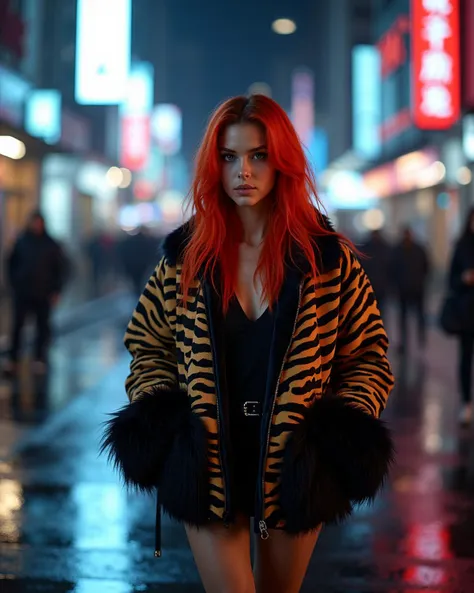 A high-resolution photo of a stylish woman walking through a city street at night. She has long, vibrant red hair and is wearing a bold, zebra-print jacket with dramatic black fur accents on the sleeves. The city background is illuminated by neon lights, with reflections from wet surfaces creating a moody, futuristic atmosphere. The woman has a confident, slightly enigmatic expression as she moves through the bustling urban environment,
