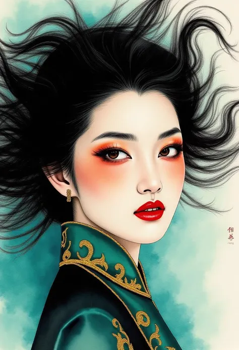 A captivating portrait emerges, featuring a close-up of Lebanese Chinese woman's head, her beauty enhanced by a Halloween vampire theme. Dressed in a jade and black ensemble with gold highlights, her naturally wavy black hair dances in an imaginary breeze, creating a sense of movement and freedom. Her skin, luminous and radiant, is accentuated by the Chinese watercolor and ink technique, where delicate brushstrokes and subtle hues create a mesmerizing effect. This artwork, with its impressionistic bidimensional style, captures the woman's allure and the artist's skill, leaving viewers enthralled by the fusion of cultural influences and the magical atmosphere it evokes. <lora:art and styles/Watercolor_ALDMHT:1.0>, <lora:artist/style_of_Jay_Anacleto_FLUX_106.safetensors:1.0>, style of jay anacleto,