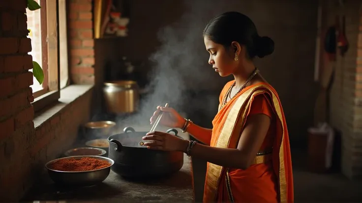 Photorealistic image of a teen girl from Kerala, dusky brown skin tone, wearing a traditional set mundu saree with a golden border, black hair tied in a bun, standing by a traditional kitchen stove, stirring a pot with steam rising, wooden and brick kitchen elements in the background, spices and utensils visible. Lighting: natural light from the side window, soft and diffused, with warm ambient kitchen light. Time of day: late afternoon, around 4:00 PM. Camera: Nikon Z7 II, lens: Nikon NIKKOR Z 50mm f/1.8 S. Shutter speed: 1/200 sec, aperture: f/4 for wider depth of field capturing the kitchen surroundings, ISO: 400. Film: Fujifilm Pro 160NS for realistic tones. Output resolution: 300 PPI, 5760 x 3840 pixels, realistic rendering using diffuse lighting, perfect for medium-format prints.